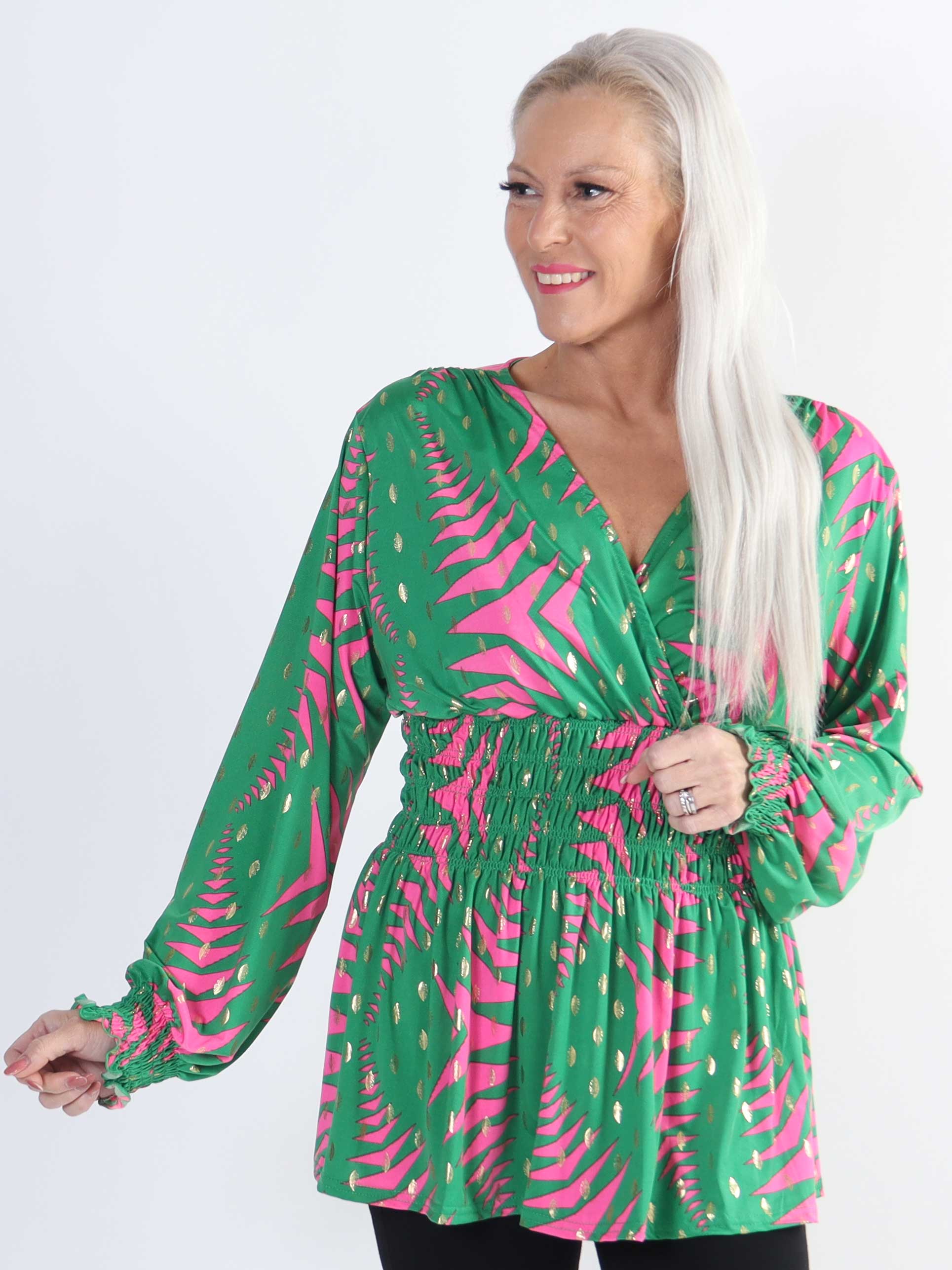 Pams Pattern Shirt L/S - Elastisk plus size bluse i krølfrit stof